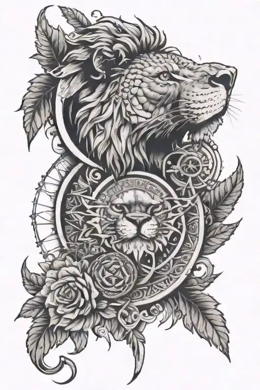 Create a forearm sleeve tattoo with a crescent moon, all-seeing eye, lion, mandala, and marijuana. tattoo design idea
