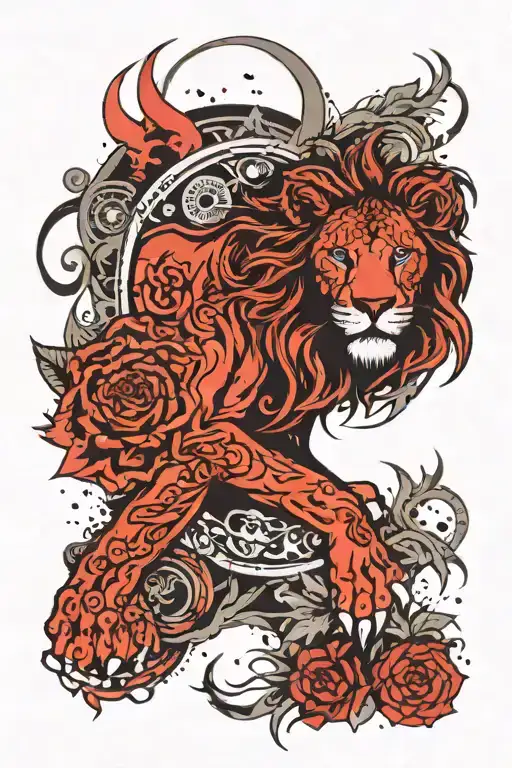 Create a forearm sleeve tattoo with a crescent moon, all-seeing eye, lion, mandala, and marijuana. tattoo design idea