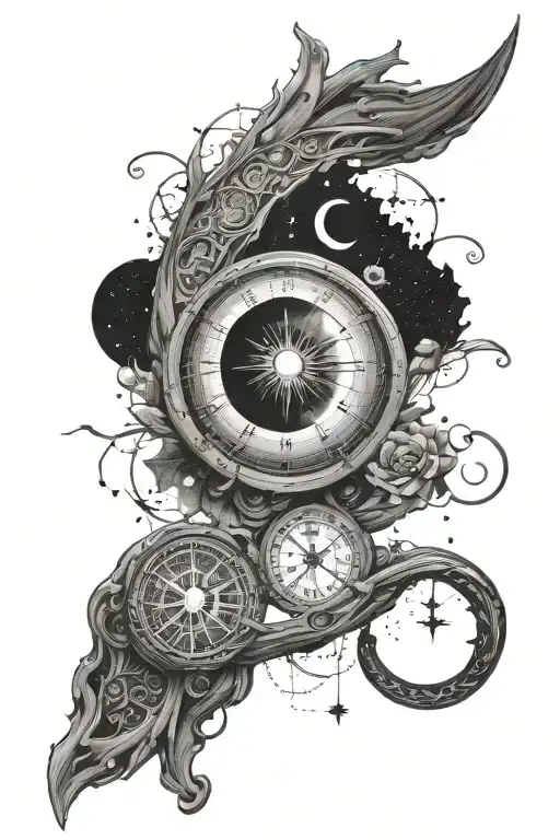 Design a long forearm sleeve tattoo featuring a crescent moon, a subtle all-seeing eye, and a flat Earth symbol. Include tattoo design idea