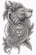 Create a forearm sleeve tattoo with a crescent moon, all-seeing eye, lion, mandala, and marijuana. tattoo design idea