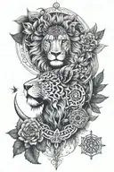 Create a forearm sleeve tattoo with a crescent moon, all-seeing eye, lion, mandala, and marijuana. tattoo design idea
