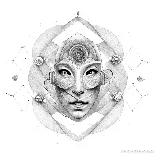 Fragments of masks in shape of a human head with a spiral core inside tattoo design idea