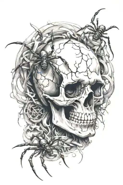 Sleve tatto with skull and spider crawling tattoo design idea
