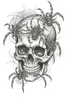Sleve tatto with skull and spider crawling tattoo design idea