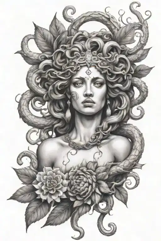 A Medusa Gorgona inspired tattoo incorporating elements of Greek mythology tattoo design idea