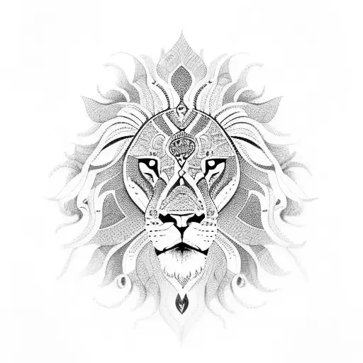A majestic lion with intricate patterns inspired by Indian art tattoo design idea