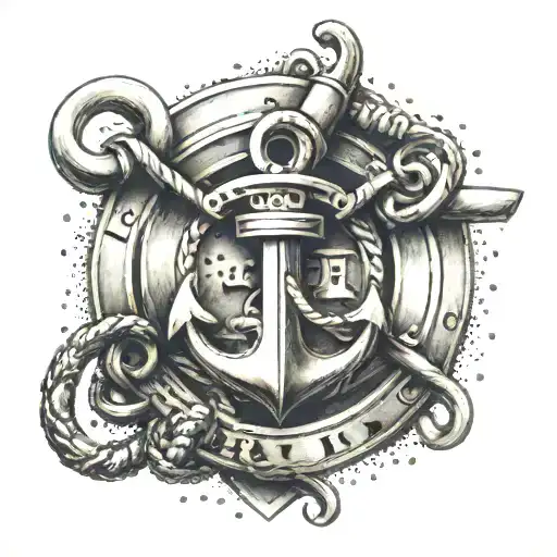 A firefighter badge with a boat anchor and gymnastics rings intertwined, symbolizing the client's multifaceted personality tattoo design idea