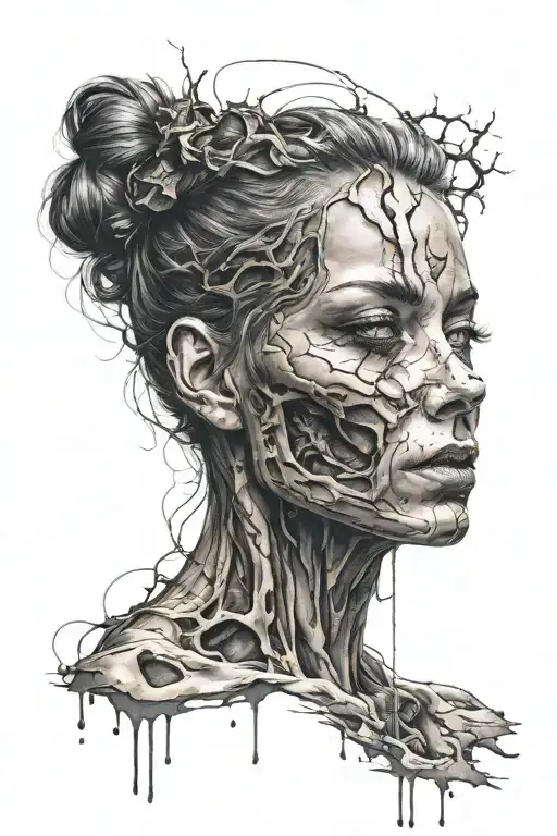 Hel frontal view half decayed half beautiful face tattoo design idea