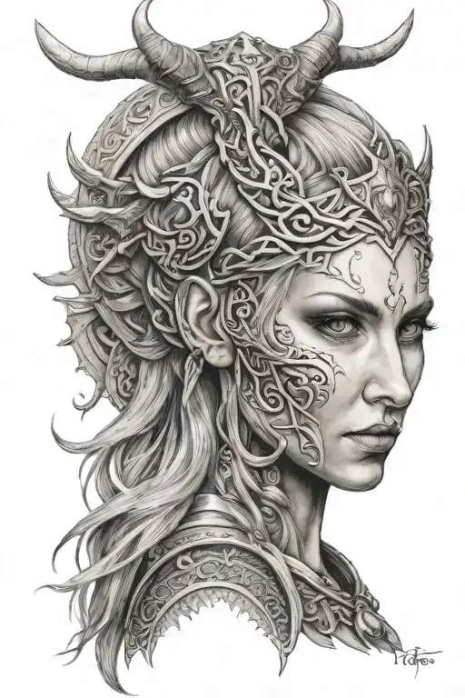 Hel Norse Pagan Goddess frontal view tattoo design idea