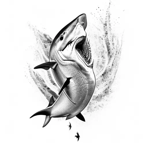 A black and grey realistic shark with intricate tribal patterns tattoo design idea