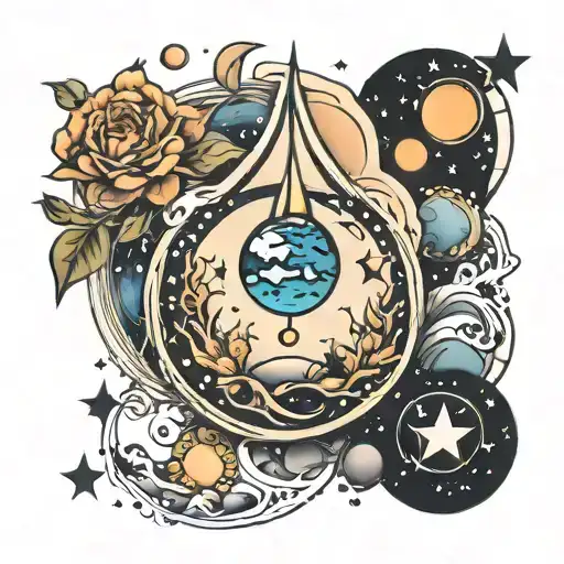 water  drop with stars and planets  up, half of earth at the bottom tattoo design idea