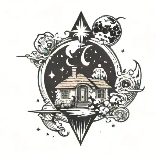 tear drop with stars and planets  up, half of earth at the bottom, a shadow's man on earth walking towards a house tattoo design idea