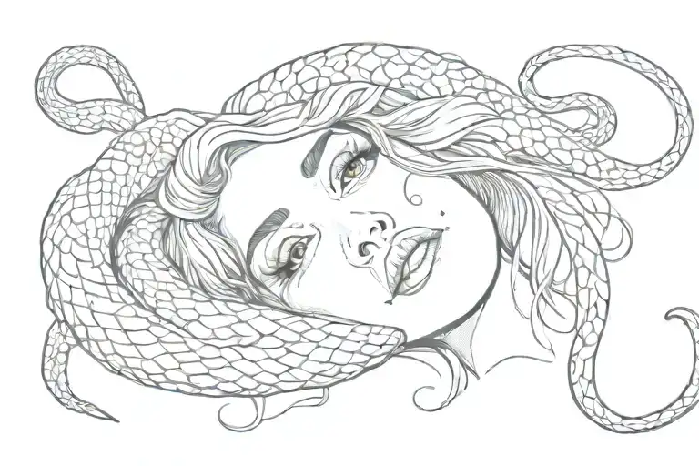 beautiful girl lying down, a two-eyed snake climbs into her eye and comes out through her mouth tattoo design idea