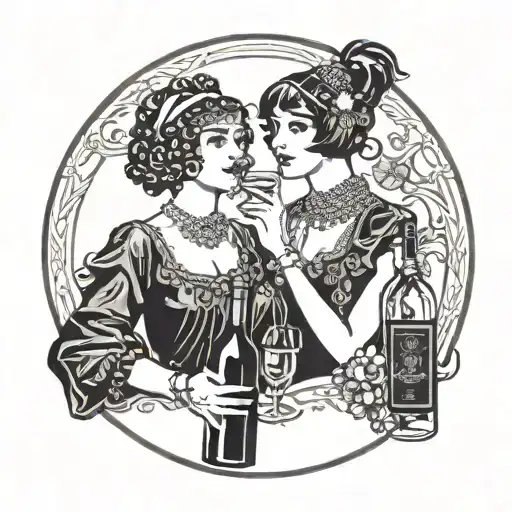 A detailed blackwork tattoo of a vintage wine bottle label featuring elegant women in 1920s attire, clinking glasses in celebration tattoo design idea