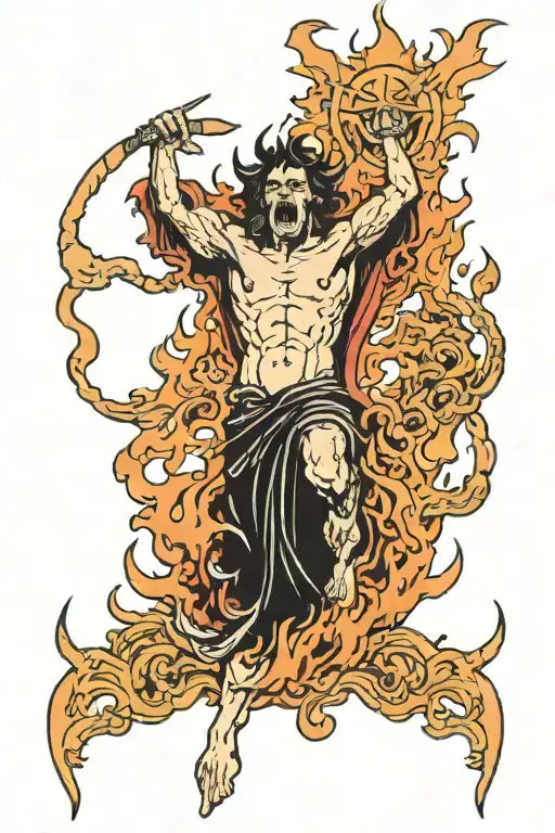 depiction of satan looking below over souls of people with arms up burning in fire not a lot of detail in the people  tattoo design idea