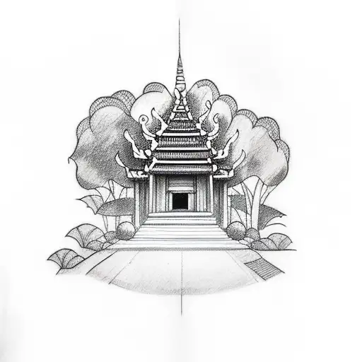 A sketch-style tattoo of a traditional Cambodian temple surrounded by lush greenery tattoo design idea