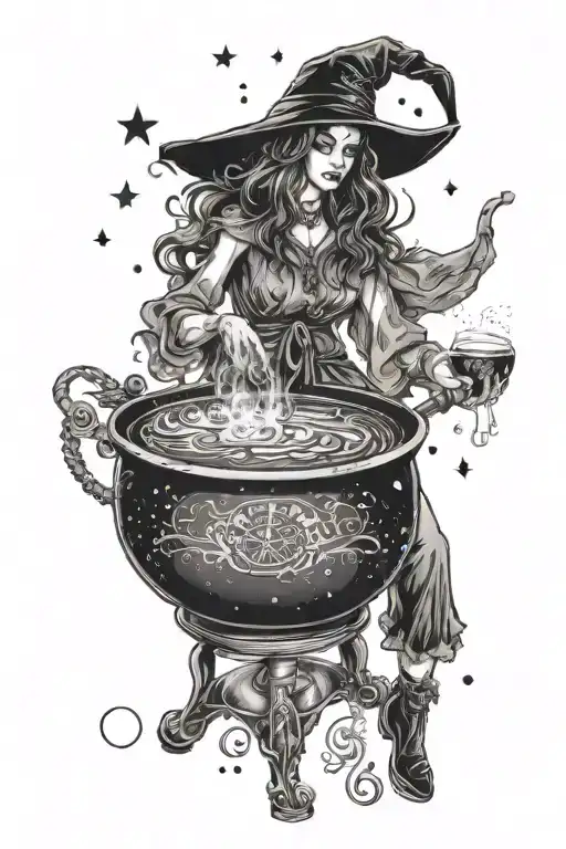 A mystical moonlit scene with a witch brewing coffee in a cauldron, surrounded by mystical symbols tattoo design idea