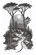 A hiking trail winding through a forest, with the sun setting behind the trees and casting long shadows tattoo design idea