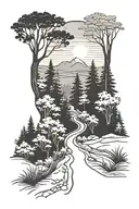 A hiking trail winding through a forest, with the sun setting behind the trees and casting long shadows tattoo design idea