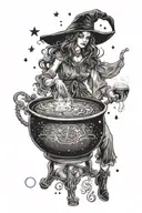 A mystical moonlit scene with a witch brewing coffee in a cauldron, surrounded by mystical symbols tattoo design idea