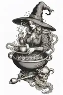 A mystical moonlit scene with a witch brewing coffee in a cauldron, surrounded by mystical symbols tattoo design idea