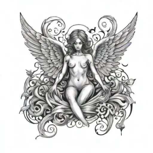 A tattoo of a fallen angel with wings made of musical notes and symbols of darkness tattoo design idea