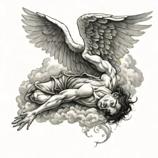 a tatto of Fallen Angel while fall from the heaven clouds  tattoo design idea
