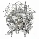 car engine in a old city skyline tattoo design idea