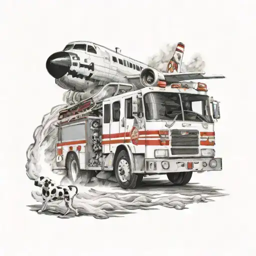 A realistic depiction of a firetruck racing through flames, with a dalmatian running alongside, capturing the intensity of airport firefighting tattoo design idea