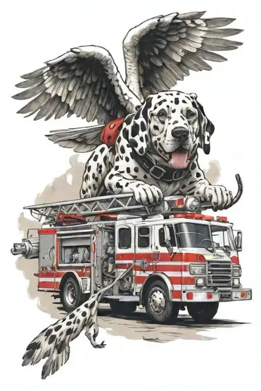A stylized firetruck with wings, symbolizing the fast response of airport firefighters, with a dalmatian flying alongside tattoo design idea