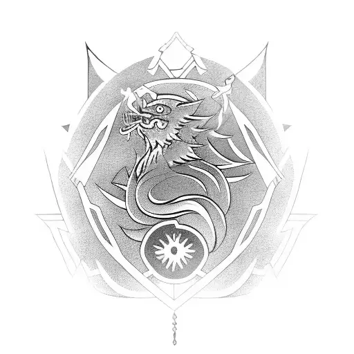 geometric samurai holding sword with Japanese  symbols on and a large phoenix rising behind tattoo design idea