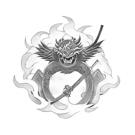 samurai holding sword with Japanese  symbols on and a large phoenix rising behind tattoo design idea