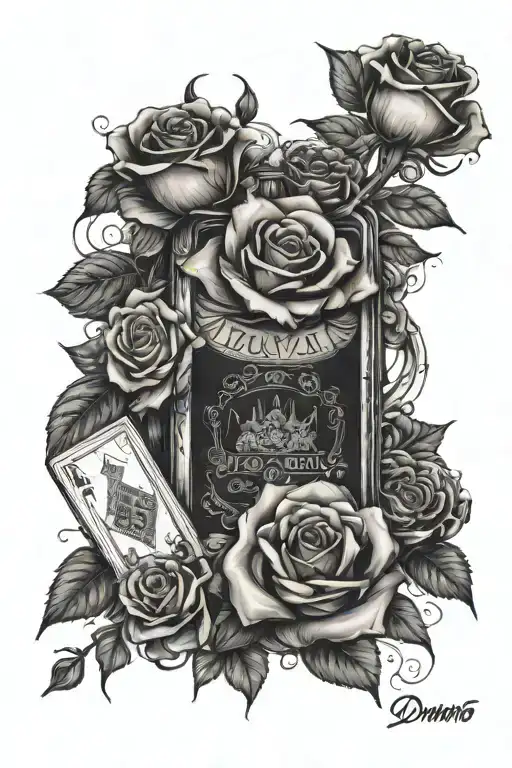 A branch of roses intertwined with a deck of cards, an old watch, a bottle of wine and two pieces of domino tattoo design idea