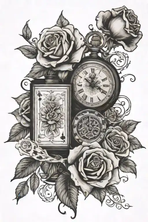 A branch of roses intertwined with a deck of cards, an old watch, a bottle of wine and two pieces of domino tattoo design idea