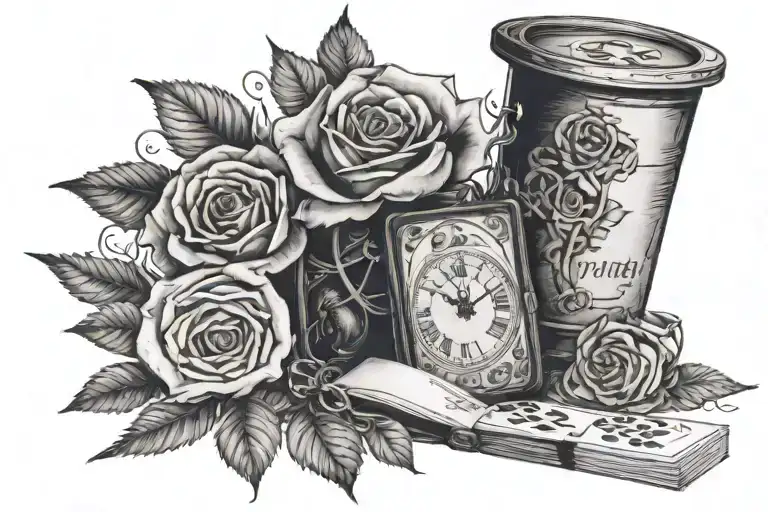 A branch of roses intertwined with a deck of cards, an old watch, a bottle of wine and two pieces of domino tattoo design idea