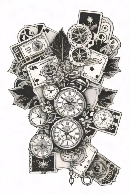 A tattoo design merging watches, cards, and money motifs in a cohesive composition tattoo design idea
