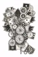 A tattoo design merging watches, cards, and money motifs in a cohesive composition tattoo design idea
