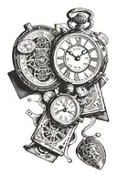 A tattoo design merging watches, cards, and money motifs in a cohesive composition tattoo design idea