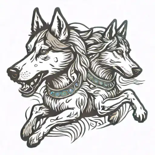 two husky dog with a horse galloping through a field tattoo design idea
