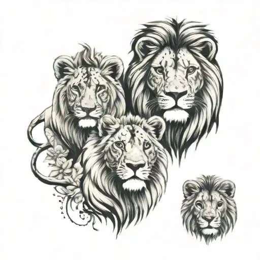 lion family with 3 cubs face only tattoo design idea