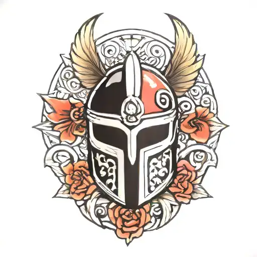Sparta style helmet with a heart in the background and a tattoo design idea