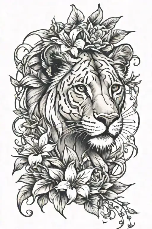 Lioness, lillies, butterflies, kids names incorporated tattoo design idea