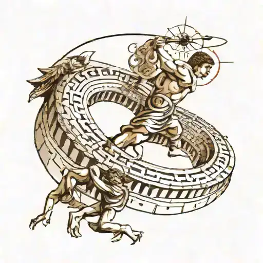 Fibonacci spiral and flying man getting inside Roman Coloseum tattoo design idea