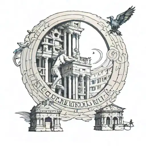 Fibonacci spiral and flying man getting inside Roman Coloseum tattoo design idea