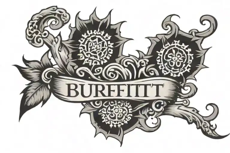 "Burfitt" in a black and grey old school font  tattoo design idea