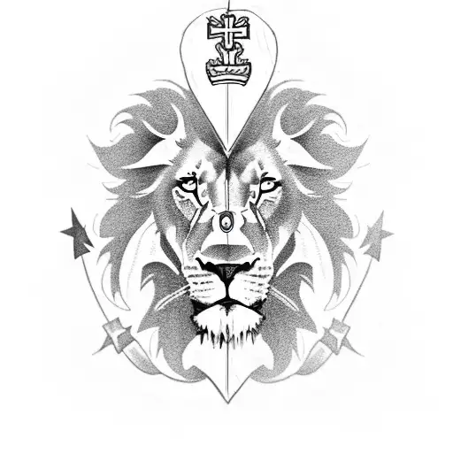 battle worn lion with a christian flag draped over his shoulders. lion should have bleeding wounds. blood smeared shield tattoo design idea