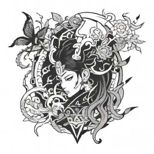 A tattoo design combining elements of anime characters and Korean traditional patterns tattoo design idea