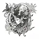 A tattoo design combining elements of anime characters and Korean traditional patterns tattoo design idea