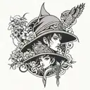 A tattoo design combining elements of anime characters and Korean traditional patterns tattoo design idea