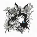 A tattoo design combining elements of anime characters and Korean traditional patterns tattoo design idea